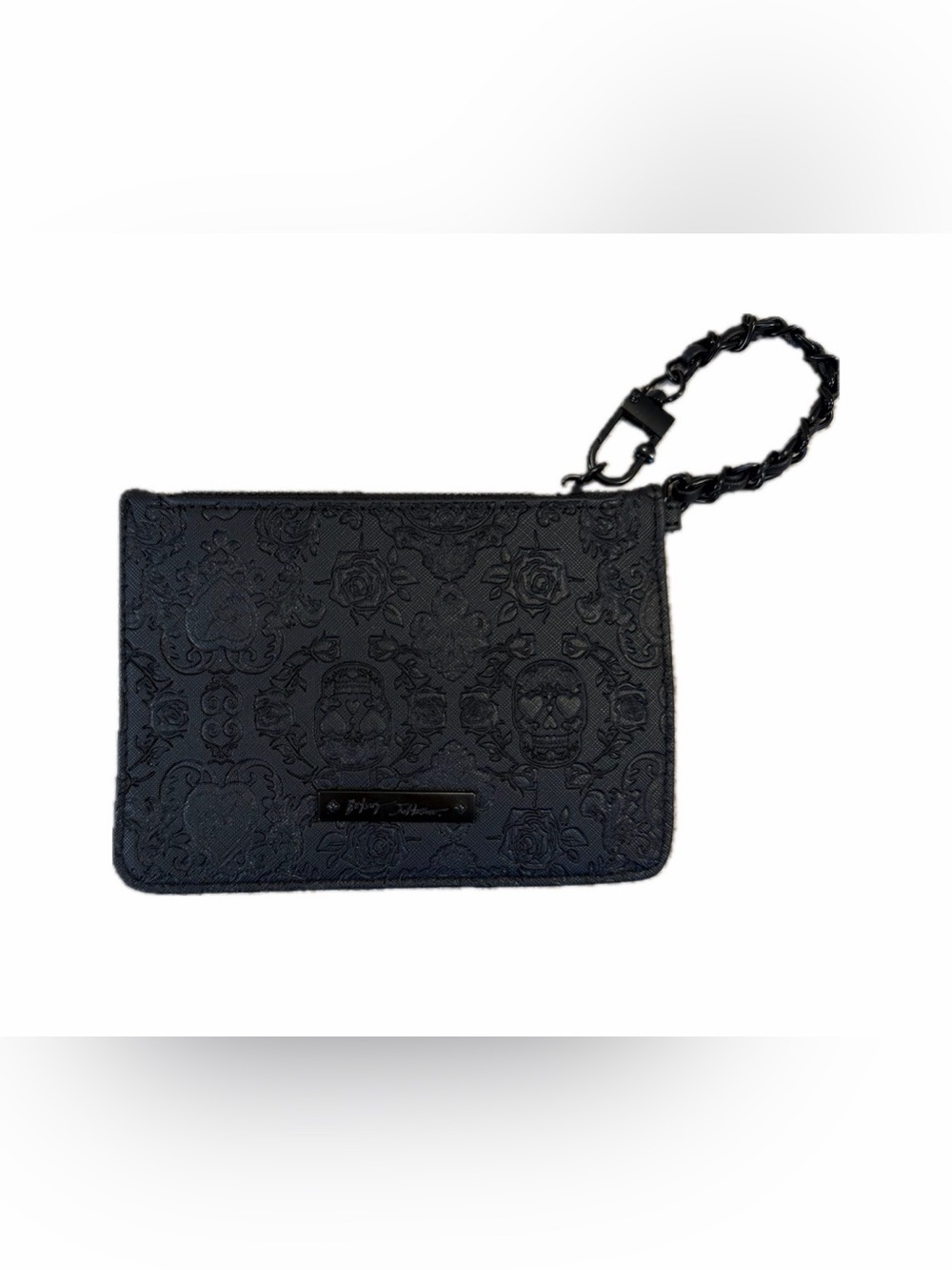 Betsey Johnson Black Skull Embossed Wristlet-Chain Strap 7x5” EUC